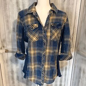 Blue and Tan Plaid Button-Up Shirt by i was born in a Small Town.